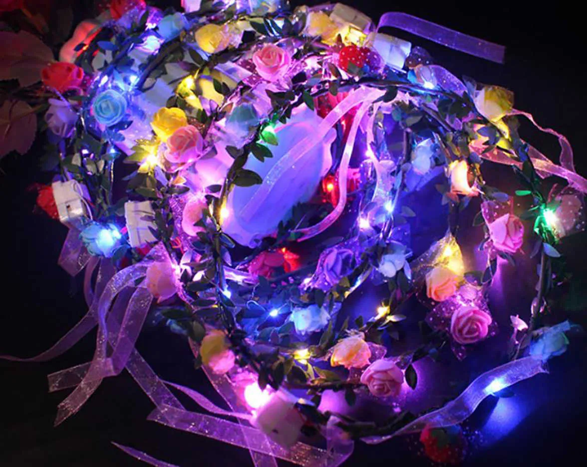 Crown LED Flower Wreath Accessories Light Up Foam Rose Headband Party Birthday Floral Headpiece For Women Girls Wedding BeachZZ