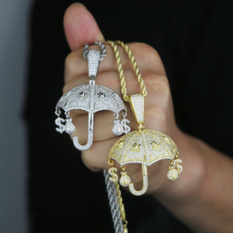 Specail Fashion Designer Silver Gold Color Umbrella Charm with Rope Chain Pendant Necklace Hip Hop Women Men Full Paved 5A Cubic Zirconia Party Gift J