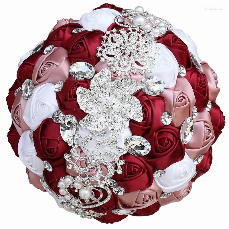 Wedding Flowers Rhinestone Bride Bridesmaid Brooch Bouquet 18cm Wine Red Pearl Diamond Satin Rose Promotion Diy Supplies ZZ