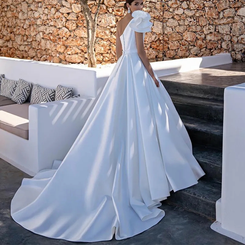 Elegant One Shoulder Wedding Dresses 2023 For Women Satin Ruffles A Line Backless Bridal Gowns Vestido De Novia