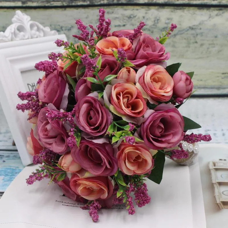 Wedding Flowers Bouquet With Silk Satin Ribbon Pink White Champagne Bridesmaid Bridal Party Holding FlowersArtificial Natural RoseZZ