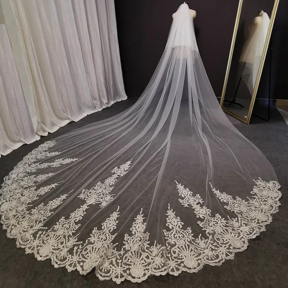 Lace Appliques Wedding Veil Bridal Veils Long Veils Soft Tulle Long Veil Lace Cathedral Veils White Ivory Veils for Wedding