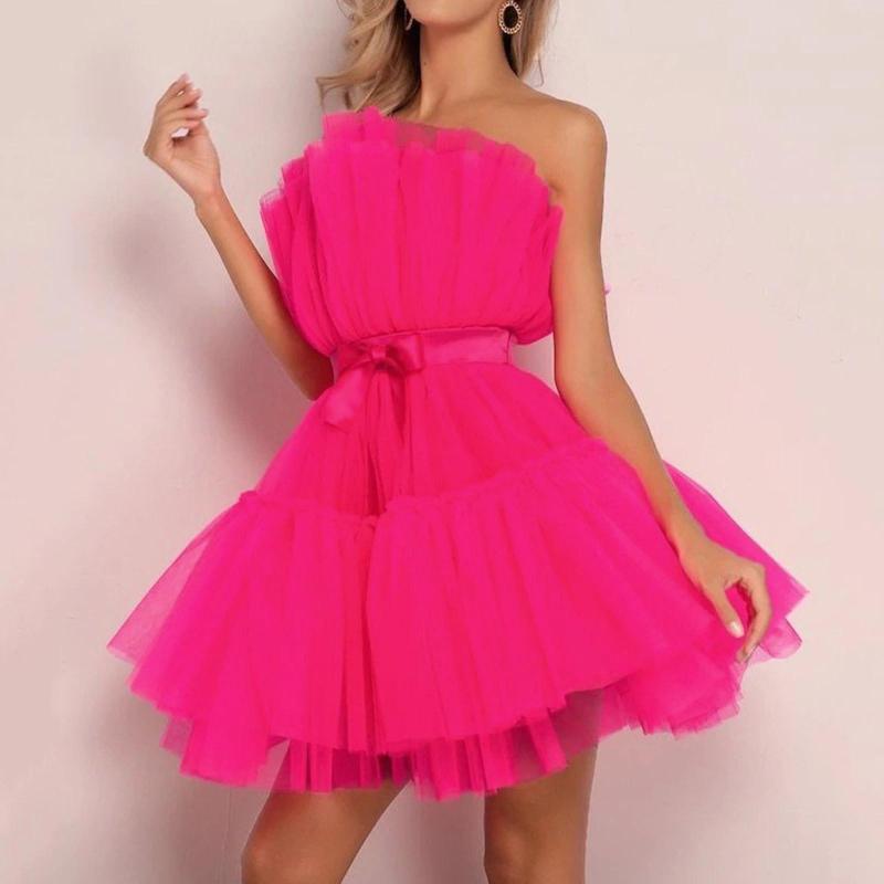 Casual Dresses Off Shoulder Frill Trim Sheer Mesh Swing Dress Women Bow High Waist Mini Fluffy Skirts Strapless Sexy Ruffles Evening