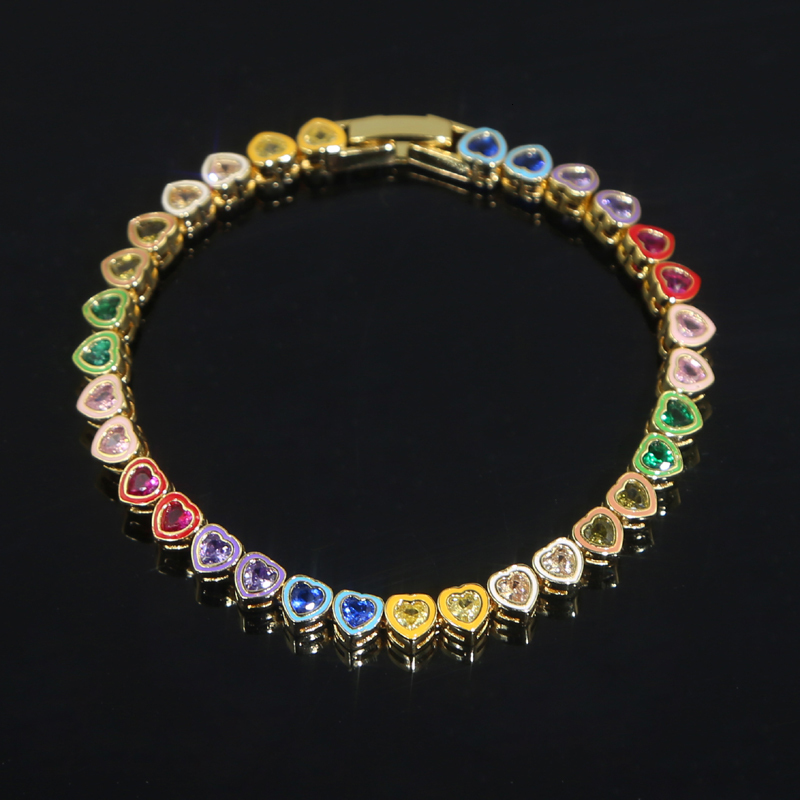 Charm Bracelets Summer Selling Women Jewelry Rainbow Enamel Bezel Heart Shaped CZ Tennis Bracelet 230814