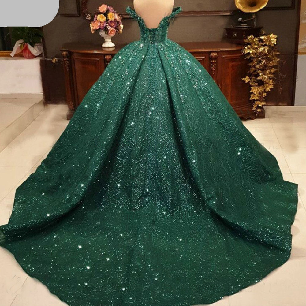 Arabic Muslim Green Sequins Beading evening Dress v neck Off Shoulder Lace Evening Party Gowns Sweep Train robes de soiree