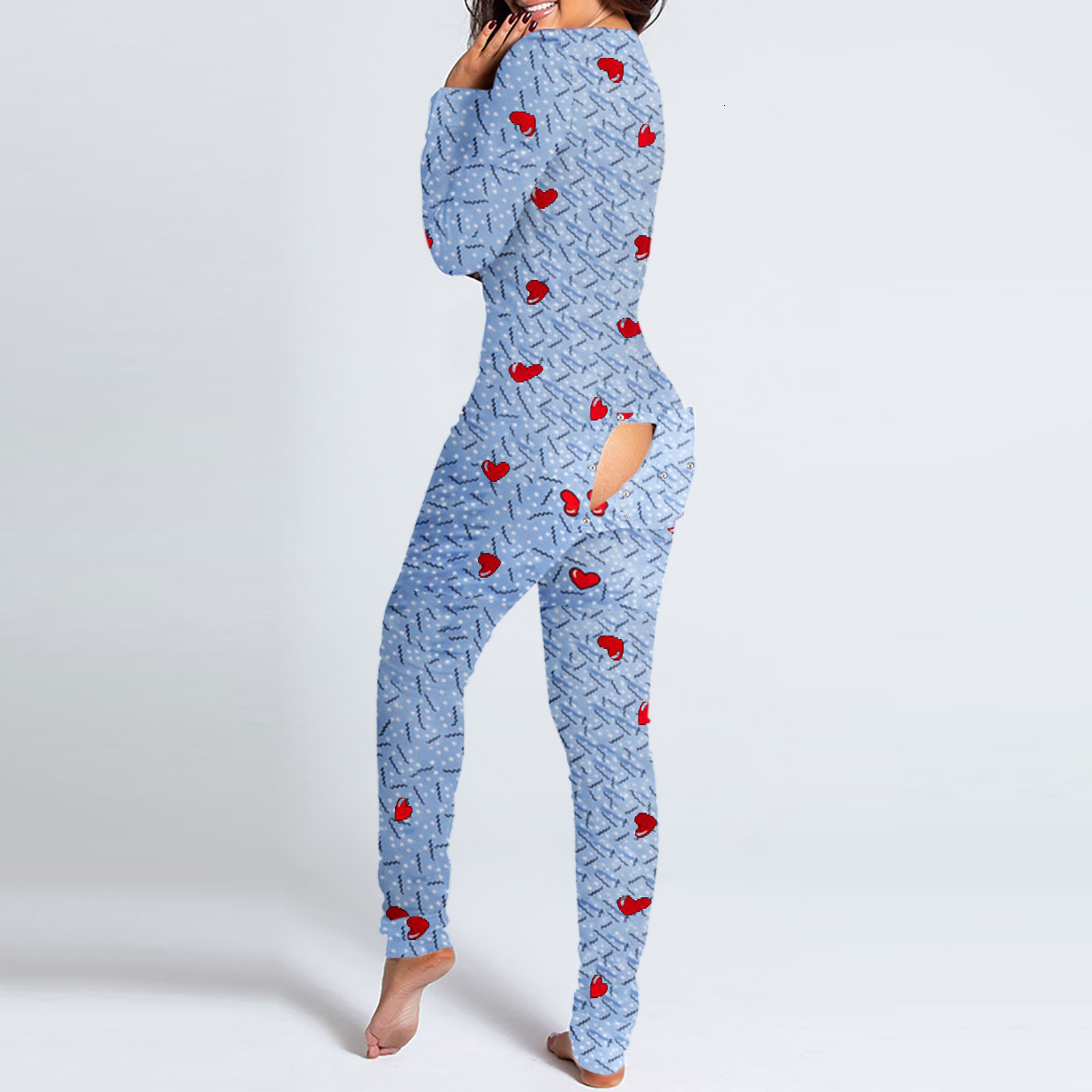 Women's Jumpsuits Rompers Women V-neck Print Long Sleeve Button-down Front Functional Buttoned Flap Adults Jumpsuit Bodycon Sleepwear Nightwear S