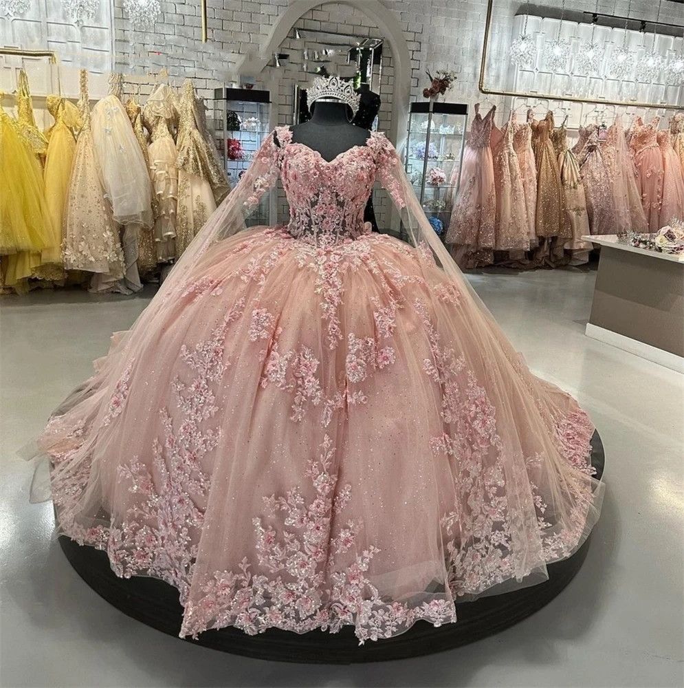 Sexy Quinceanera Dresses Blush Pink Lace Appliques Crystal Beads Sweetheart Ruffles Long Sleeves Plus Size Formal Party Prom Evening Gowns Corset Back