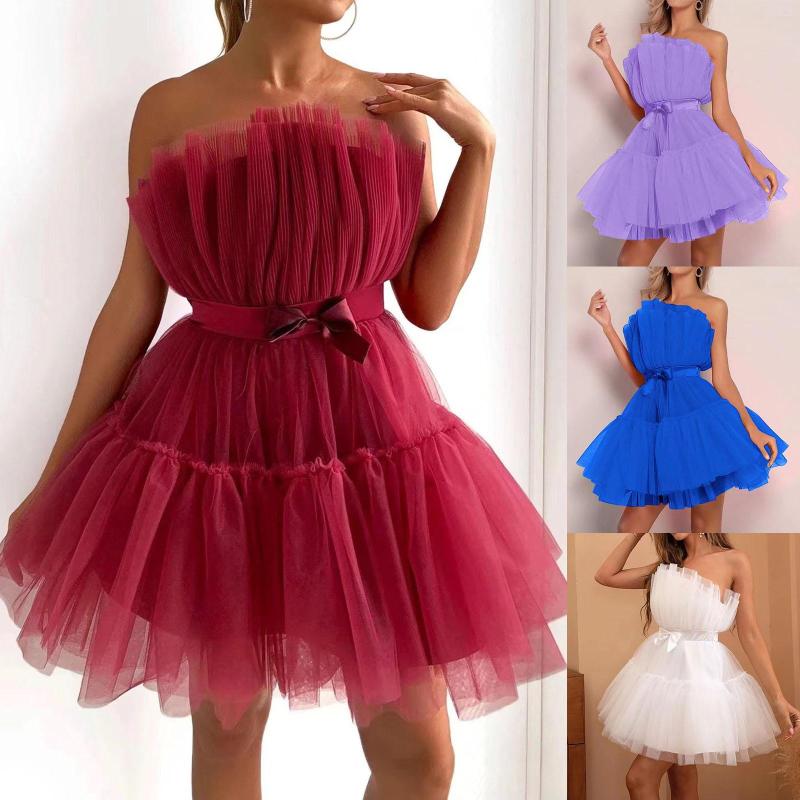Casual Dresses Off Shoulder Frill Trim Sheer Mesh Swing Dress Women Bow High Waist Mini Fluffy Skirts Strapless Sexy Ruffles Evening