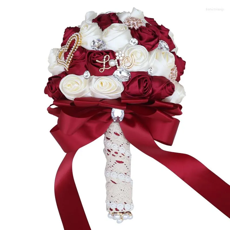 Wedding Flowers Rhinestone Bride Bridesmaid Brooch Bouquet 18cm Wine Red Pearl Diamond Satin Rose Promotion Diy Supplies ZZ