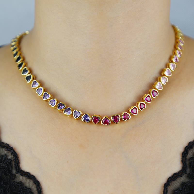 Charm Bracelets Gold Plated Rainbow Colorful Heart Tennis Chain Bracelet Necklace Micro Pave Red Pink Purple CZ Fashion Wedding Jewelry Set 230814