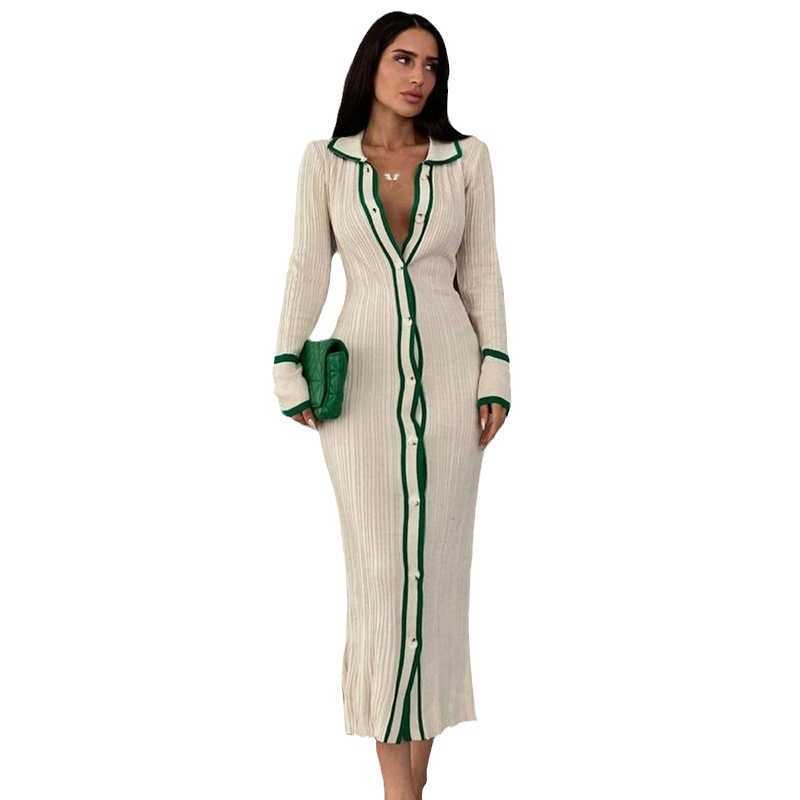 New Slim Fitting Lapel Patchwork Womens Long Sleeved Cardigan Dress YF2334
