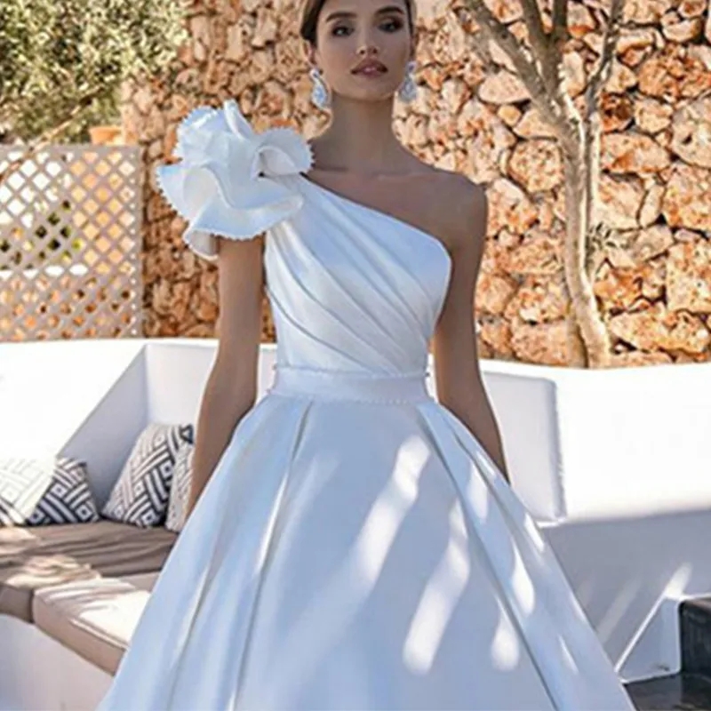 Elegant One Shoulder Wedding Dresses 2023 For Women Satin Ruffles A Line Backless Bridal Gowns Vestido De Novia