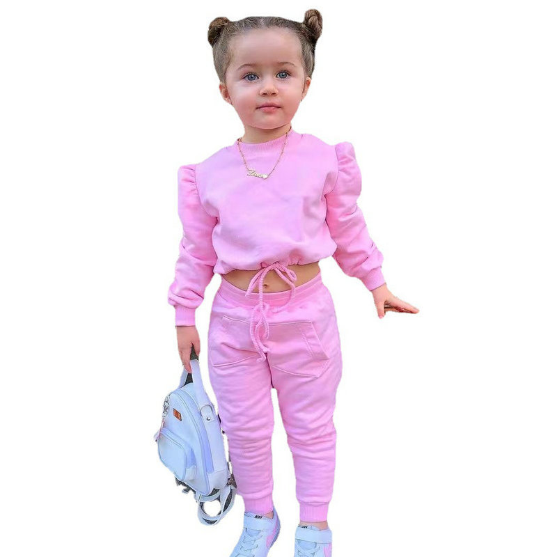 Clothing Sets 1 8Years Soild Kids Girl Child Suit Outfit Long Sleeve Crop Tops Pants Fashion Spring Autumn Baby Clothes Suits 2023 230814