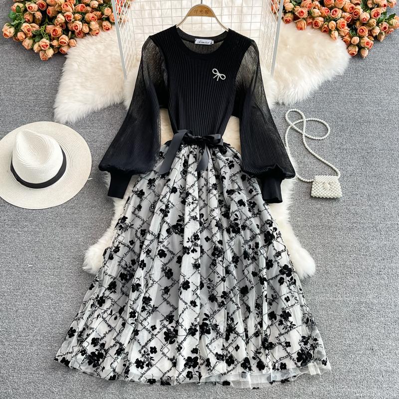 Casual Dresses Mesh Embroidery Patchwork Knitting Dress Women O Neck Long Sleeve Bandage Vintage Elegant Evening Party Spring Autumn