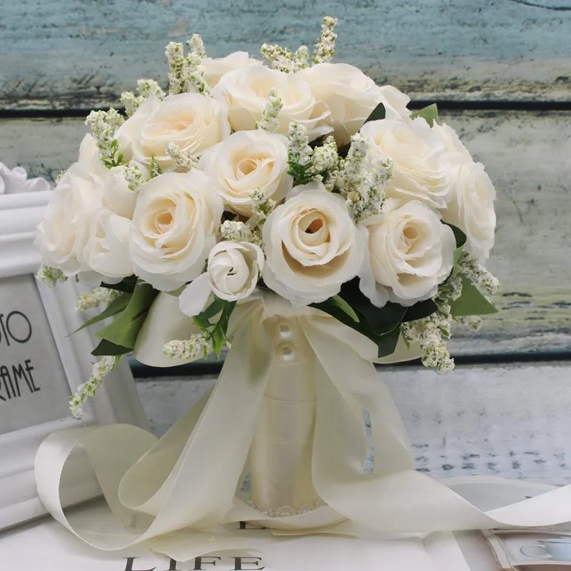 Wedding Flowers Bouquet With Silk Satin Ribbon Pink White Champagne Bridesmaid Bridal Party Holding FlowersArtificial Natural RoseZZ