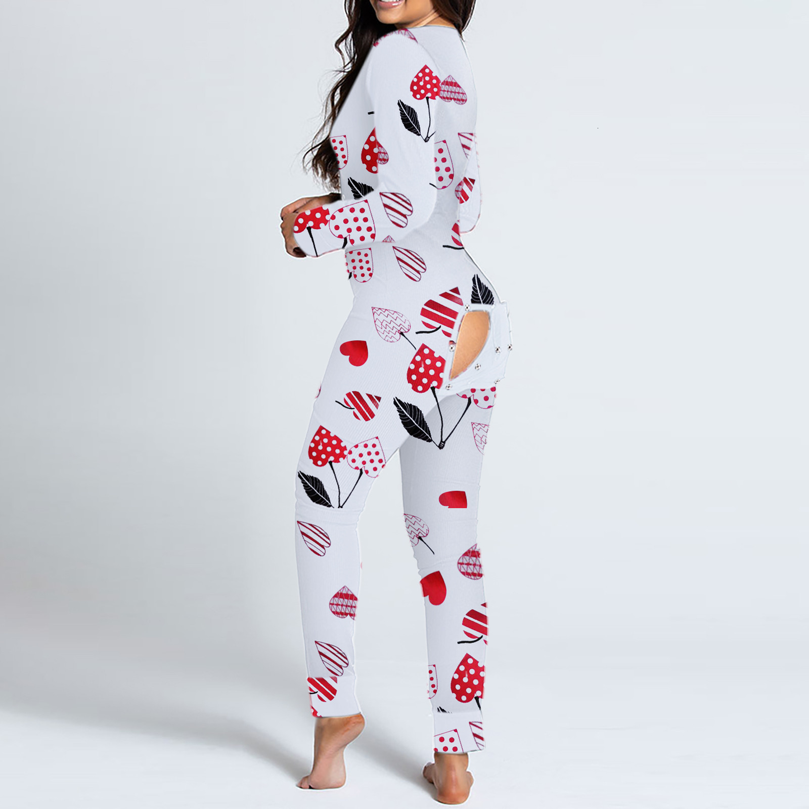 Women's Jumpsuits Rompers Women V-neck Print Long Sleeve Button-down Front Functional Buttoned Flap Adults Jumpsuit Bodycon Sleepwear Nightwear S