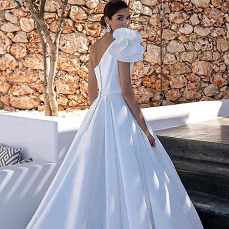 Elegant One Shoulder Wedding Dresses 2023 For Women Satin Ruffles A Line Backless Bridal Gowns Vestido De Novia