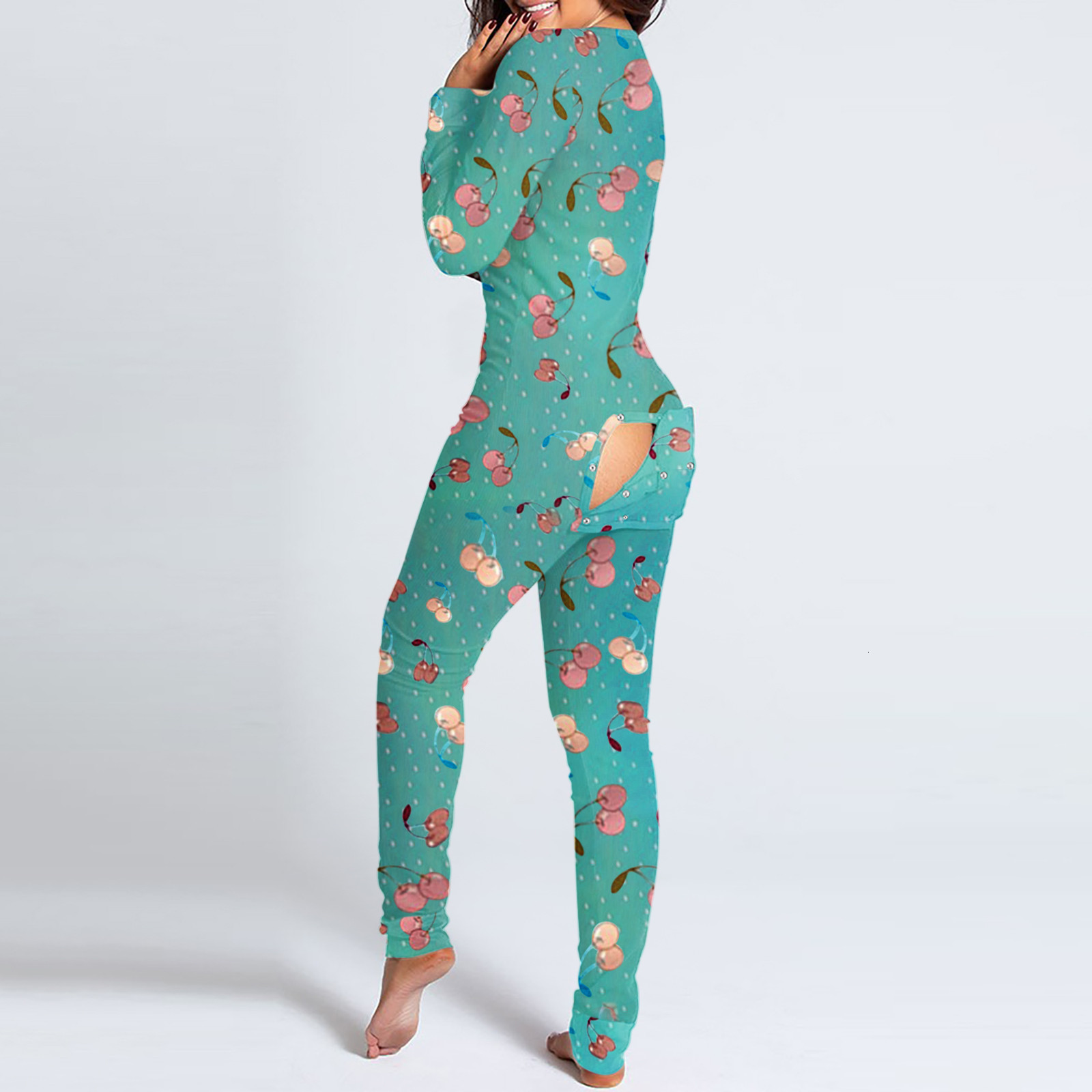 Women's Jumpsuits Rompers Women V-neck Print Long Sleeve Button-down Front Functional Buttoned Flap Adults Jumpsuit Bodycon Sleepwear Nightwear S