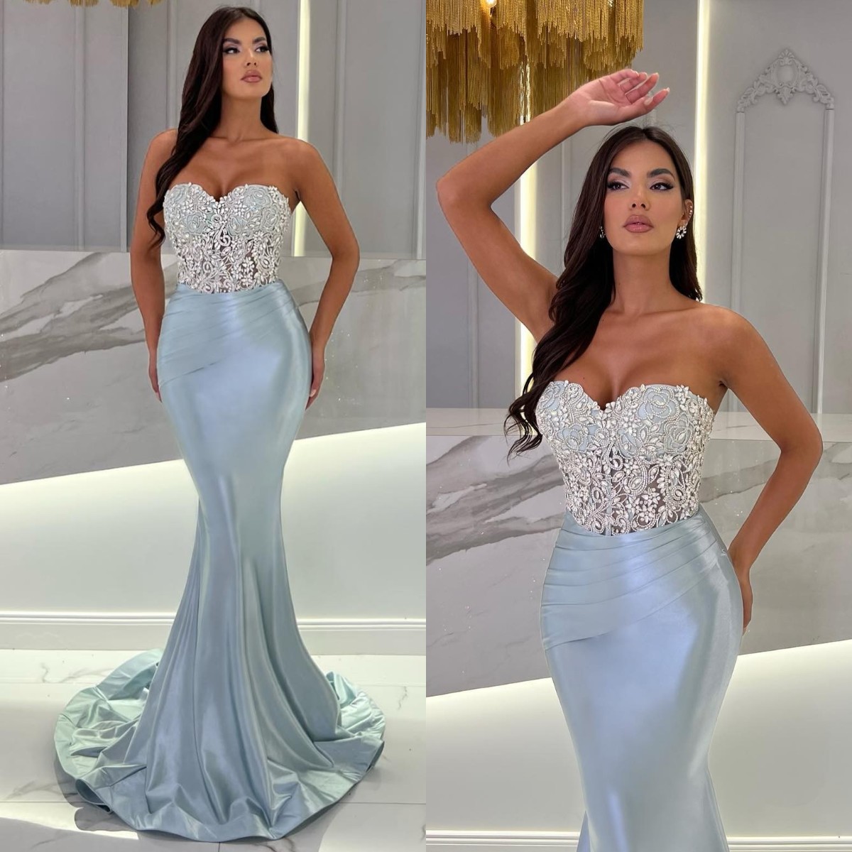 Evening Elegant Mermaid Dresses Beads Sweetheart Party Prom Pleats Long Dress For Special Ocn