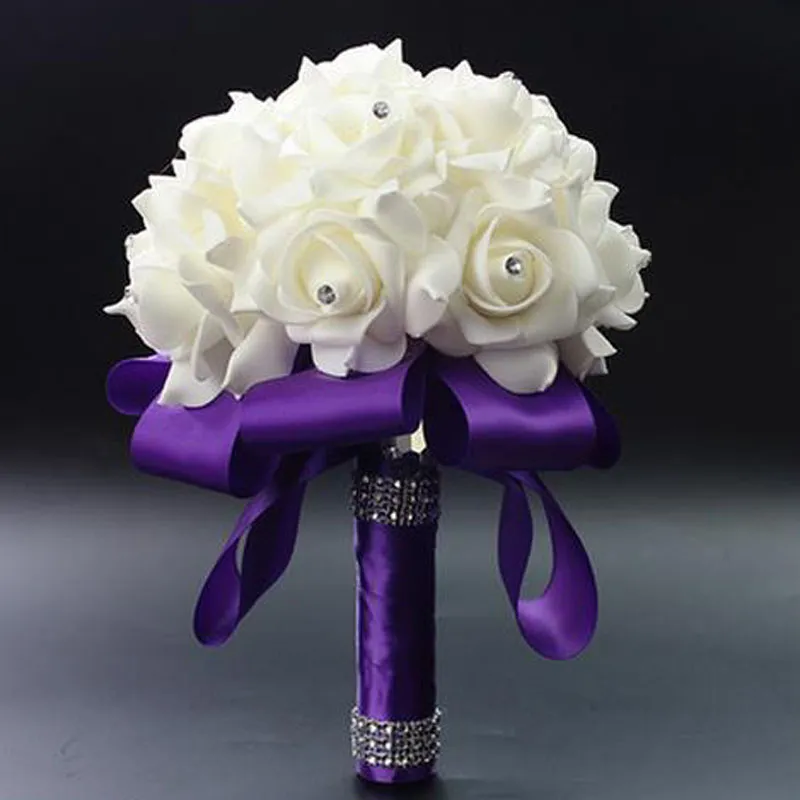 Elegant Rose Artificial Bridal Flowers Bride Bouquet Wedding Bouquet Crystal Royal Blue Silk RibbonZZ