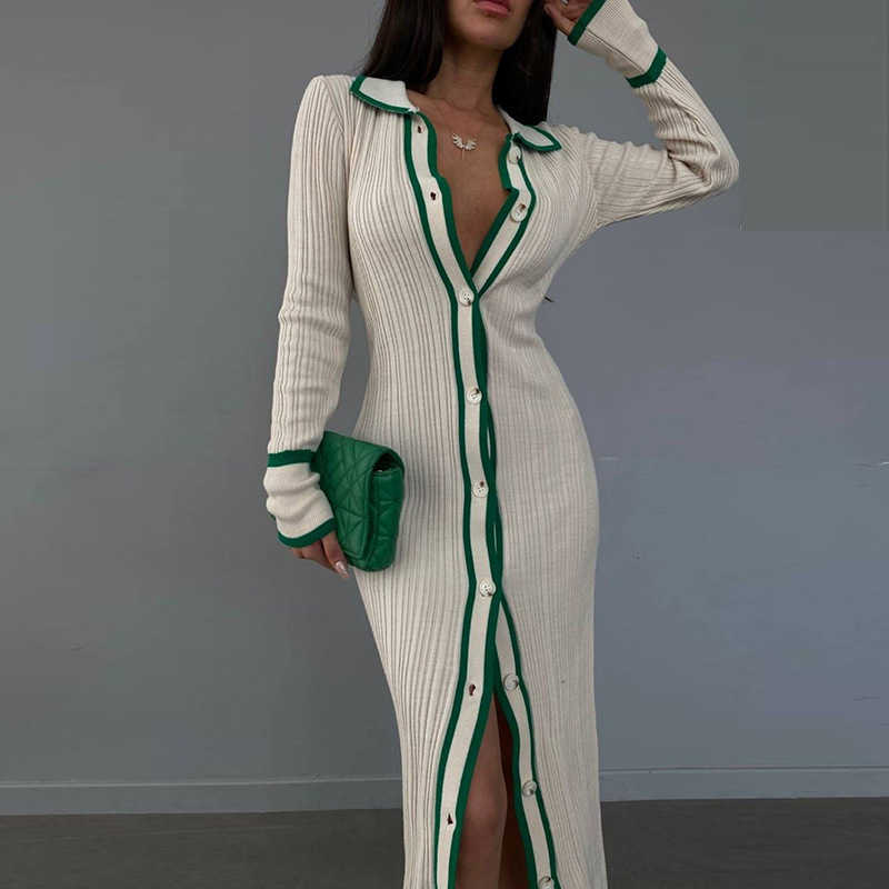 New Slim Fitting Lapel Patchwork Womens Long Sleeved Cardigan Dress YF2334