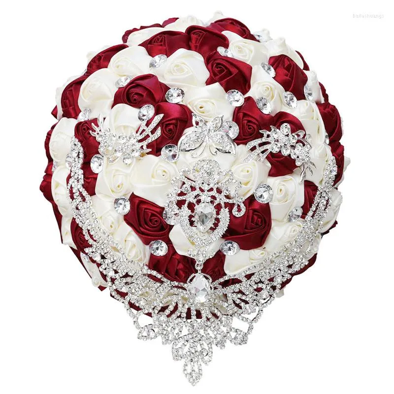 Wedding Flowers Rhinestone Bride Bridesmaid Brooch Bouquet 18cm Wine Red Pearl Diamond Satin Rose Promotion Diy Supplies ZZ