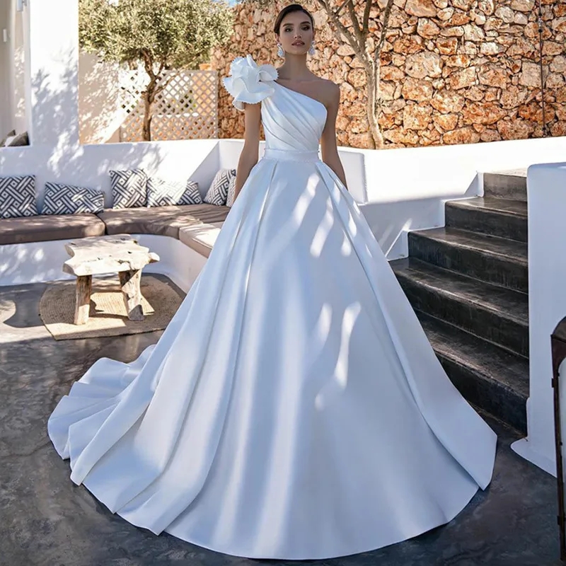 Elegant One Shoulder Wedding Dresses 2023 For Women Satin Ruffles A Line Backless Bridal Gowns Vestido De Novia