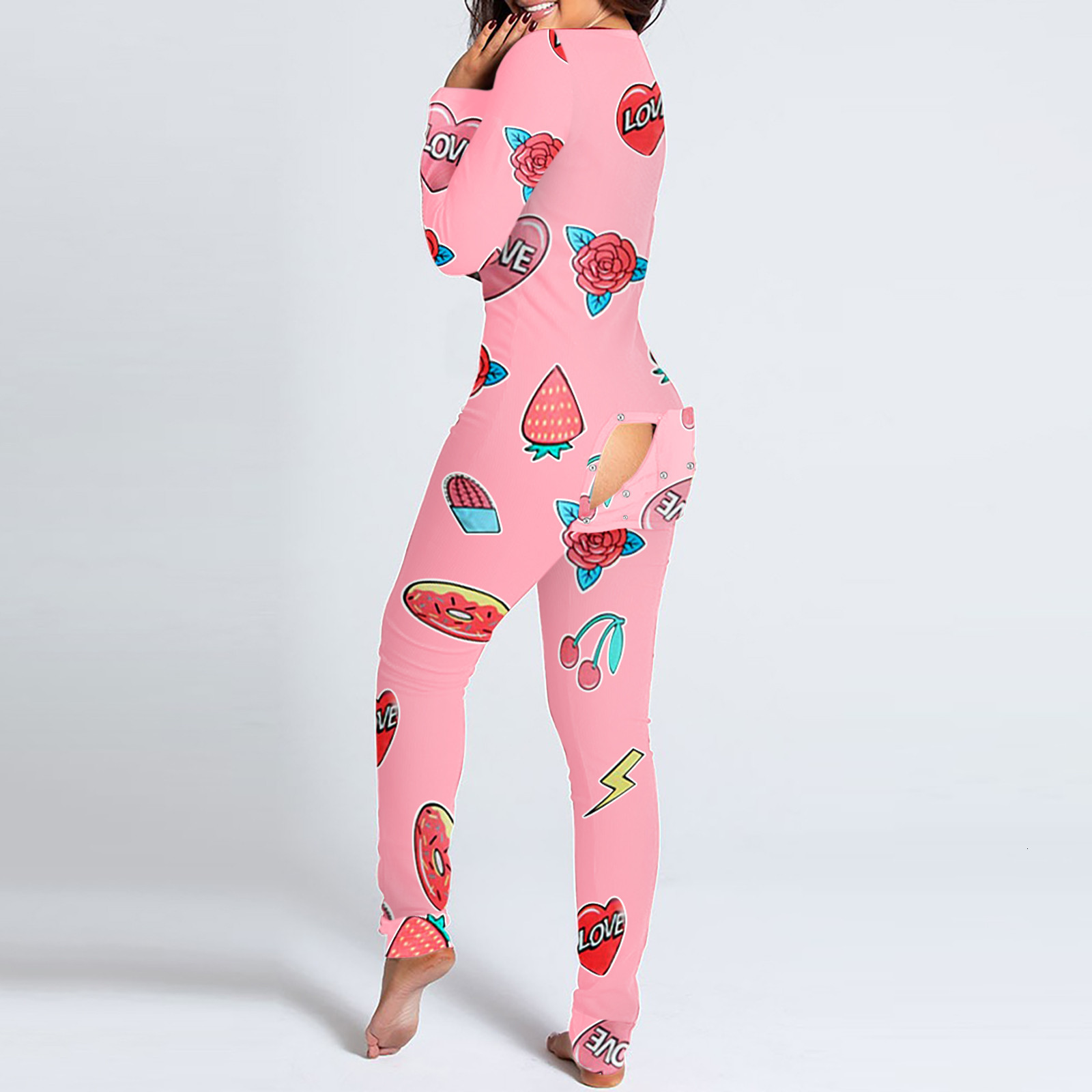 Women's Jumpsuits Rompers Women V-neck Print Long Sleeve Button-down Front Functional Buttoned Flap Adults Jumpsuit Bodycon Sleepwear Nightwear S