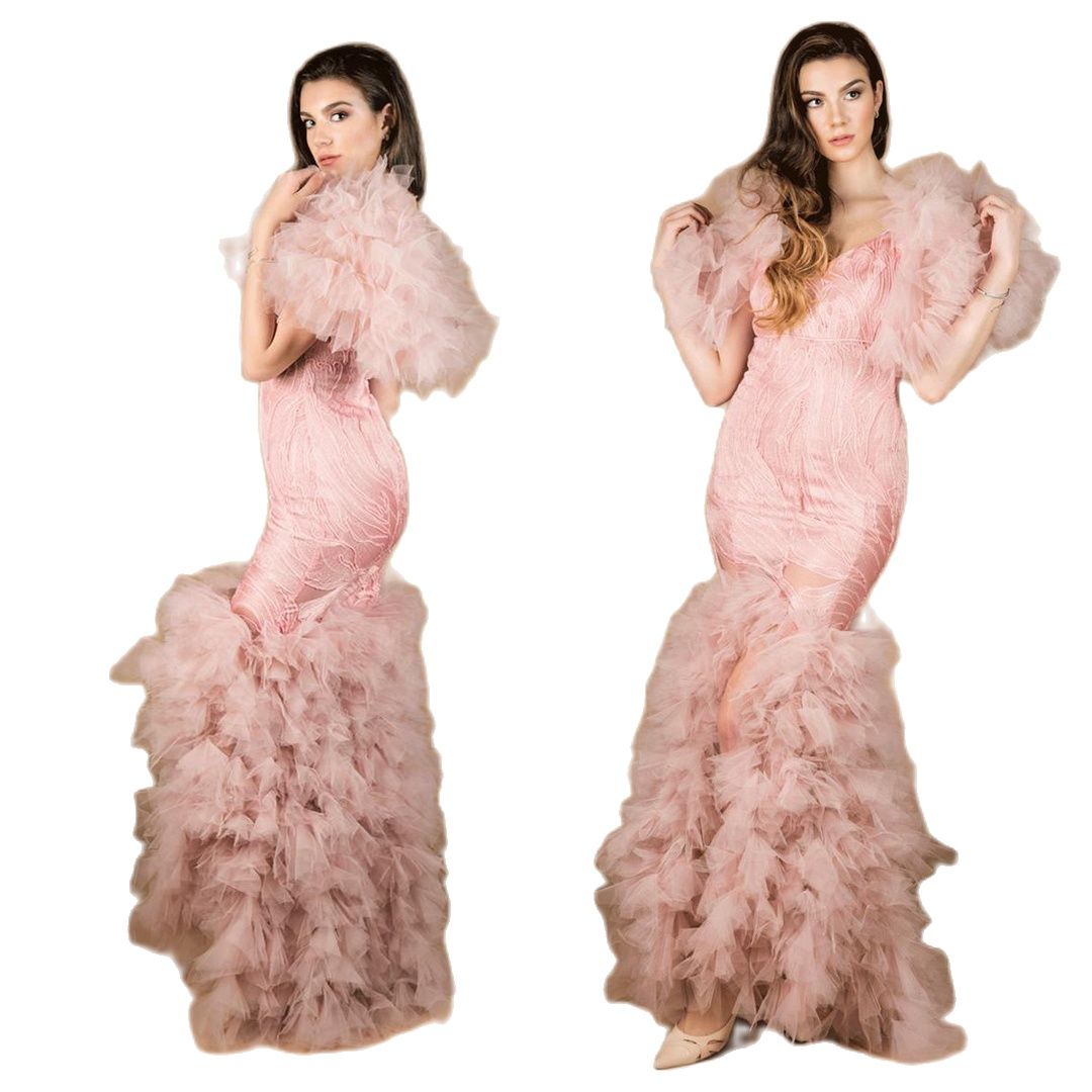 Pink Tulle Mermaid Evening Dresses Elegant V Neck Prom Dress Illusion Tiere Ruffles Ankle Length Formal Party Gowns