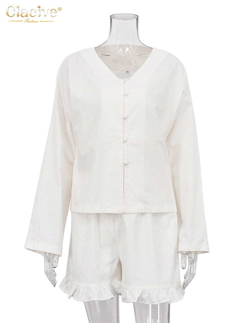 Women's Two Piece Pants Clacive Fashion Beige Linen 2 Set Outfit Casual Loose Long Sleeve Shirts With High Waist Ruffle Shorts Female 230812