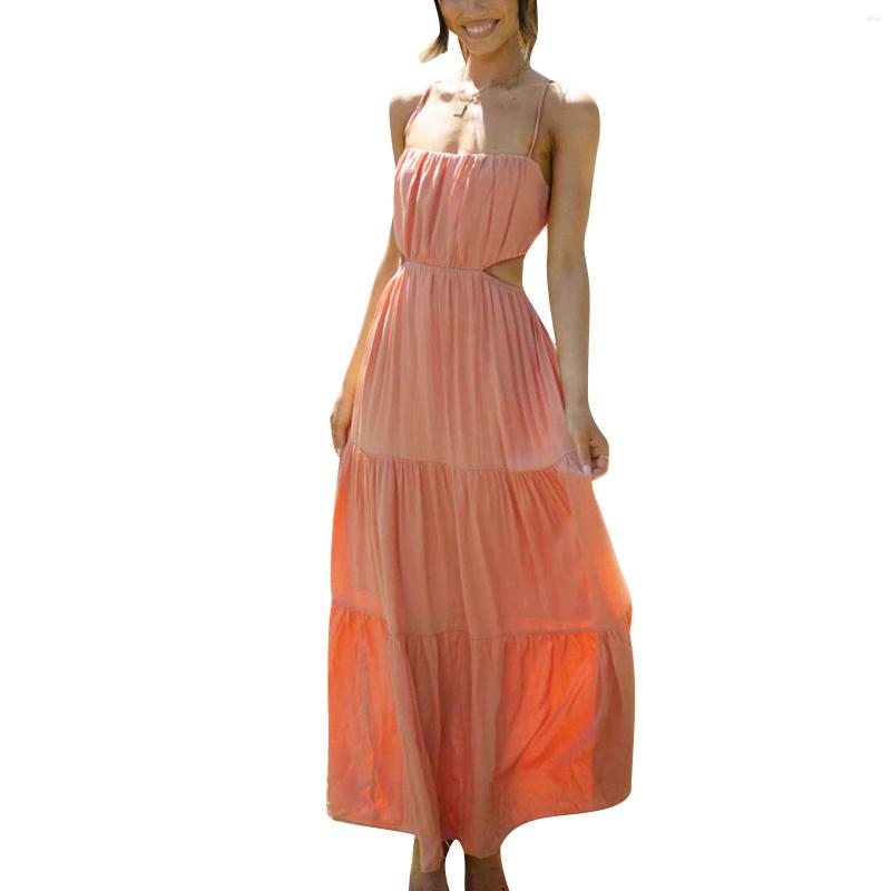 Casual Dresses Women Elegant Cutout Long Dress Low Cut Spaghetti Strap Backless A-line Evening Gown Formal Party Beach Sundress