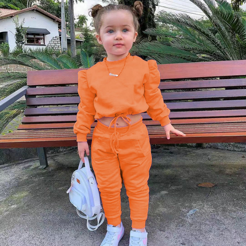 Clothing Sets 1 8Years Soild Kids Girl Child Suit Outfit Long Sleeve Crop Tops Pants Fashion Spring Autumn Baby Clothes Suits 2023 230814