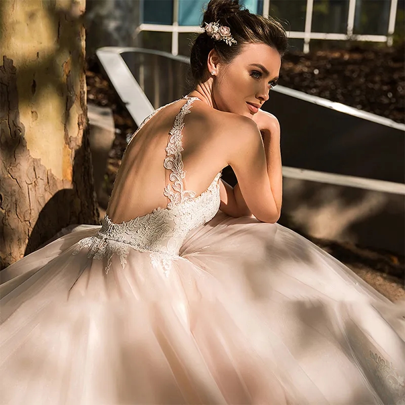 Halter Lace Appliques Wedding Dress Princess Backless Bridal Gowns 2024 Romantic Tulle Sweep Train Ball Gown