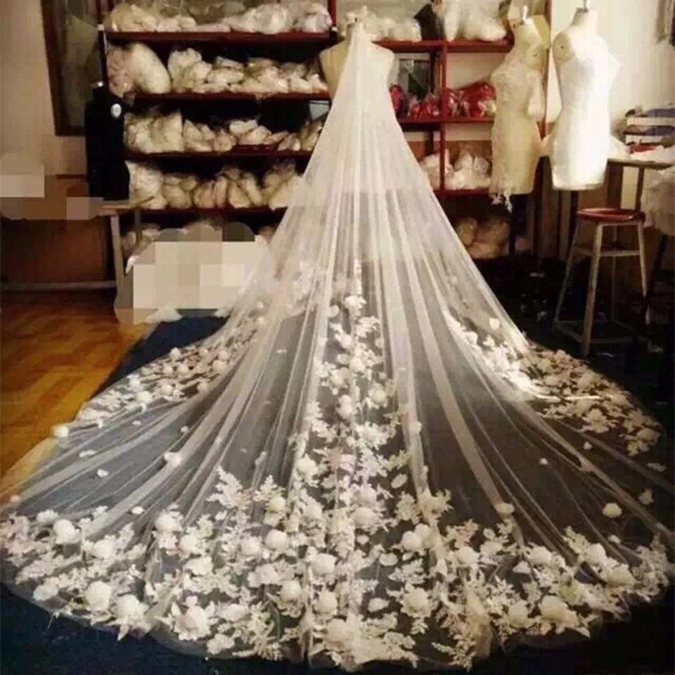 Floral Wedding Veil 2M 3M Bridal Veils Long Veils Soft Tulle Long Veil Lace Cathedral Veils White Ivory Veils for Wedding