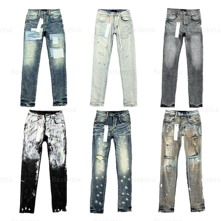 Image of Purple Jeans Designer Stacked Jeans for Men Mens Ripped Straight Regular Jeans Denim Tears Washed Old Long Black Jeans Biker Grey Paint116