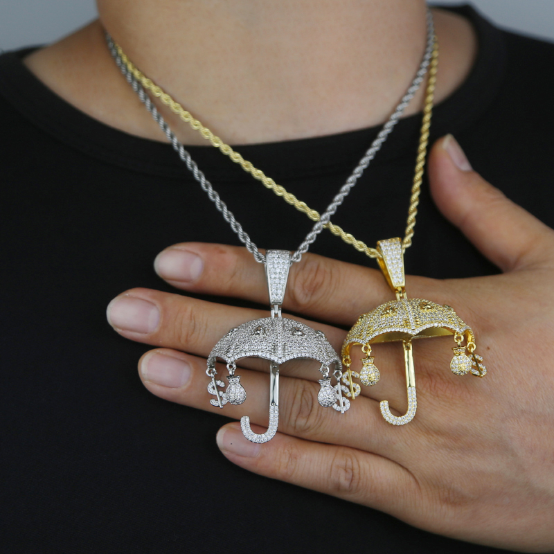 Specail Fashion Designer Silver Gold Color Umbrella Charm with Rope Chain Pendant Necklace Hip Hop Women Men Full Paved 5A Cubic Zirconia Party Gift J