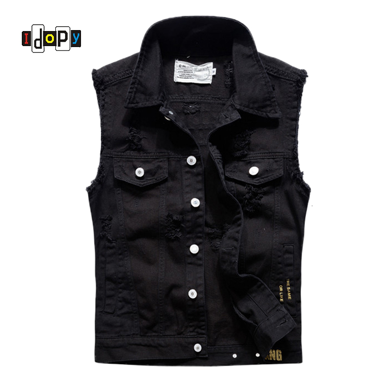Men's Vests Idopy Fashion Ripped Denim Vest Letter Printed Distressed Slim Fit Jean Jacket Male Sleeveless Waistcoat For Men 230812