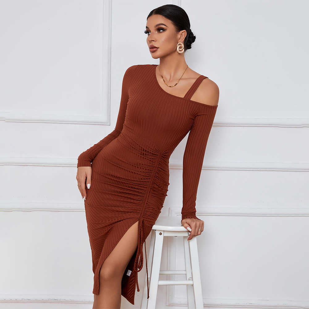 Womens Dress Split Off Shoulder Autumn Winter Wrap Hip Long Sleeve Fashion Dress