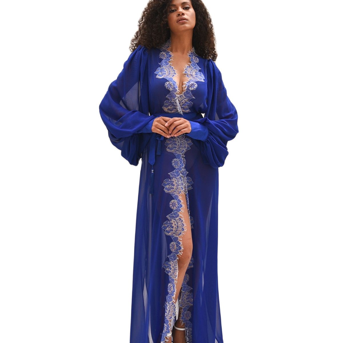 Flowers Appliques Tulle Bridal Robe Sleepwear Long Sleeve Royal Blue Wedding Evening Bathrobe Nightwear Custom Made Robe Gowns