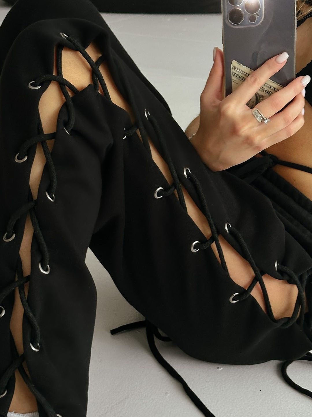 Women's Pants Capris TARUXY Knitted Slit Hollow Sweatpants Women Solid Tie High Waist Loose Summer Trousers For Ladies Casual Streetwear Pants Wo