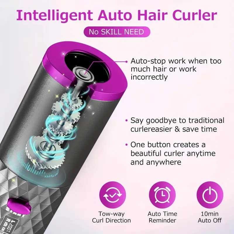 Automatic Curling Iron, Cordless Auto Hair Curler, Ceramic Rotating Hair Curler With 6 Temps & Timers, Portable Rechargeable Curling Wand,Fast Heating