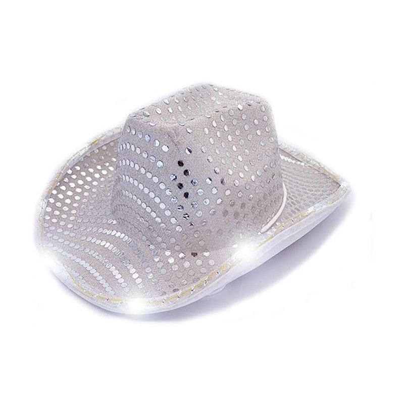 Luminous Cowboy LED Hat Flashing White Light Up Shiny Night Sequined Cowgirl Hats With Adjustable Windproof Cord For Halloween Costume Party Accessori
