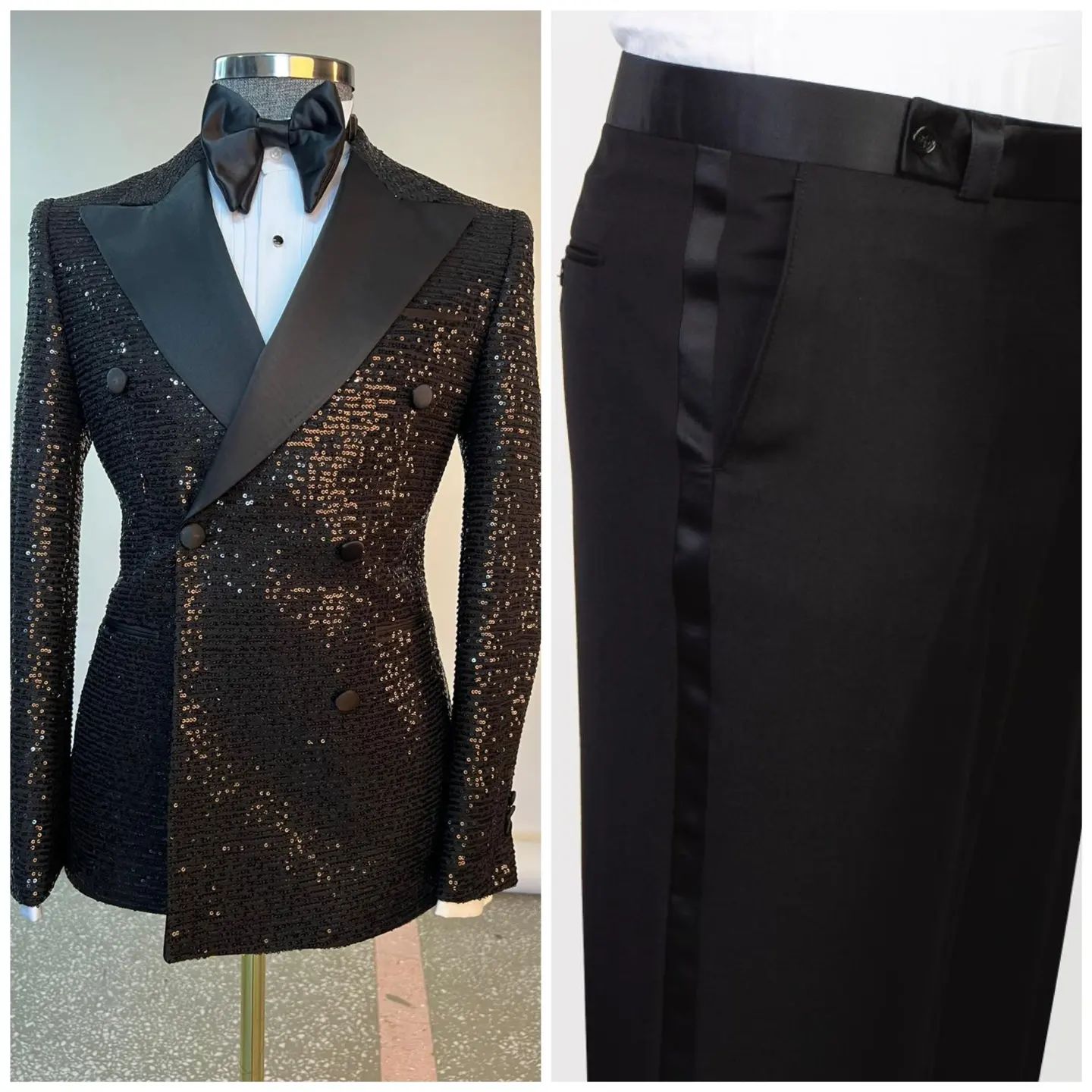 Sparkly Men Suits For Wedding Peaked Lapel Groom Wear Double Breasted Tuxedos 2 Pcs Coat With Pants Prom Evening Party Customize