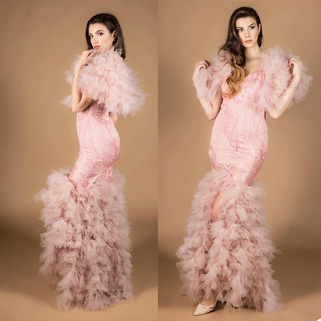 Pink Tulle Mermaid Evening Dresses Elegant V Neck Prom Dress Illusion Tiere Ruffles Ankle Length Formal Party Gowns