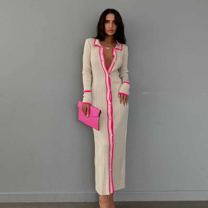 New Slim Fitting Lapel Patchwork Womens Long Sleeved Cardigan Dress YF2334