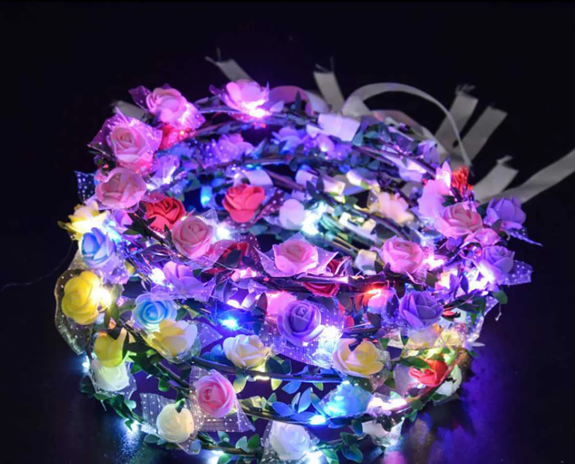Crown LED Flower Wreath Accessories Light Up Foam Rose Headband Party Birthday Floral Headpiece For Women Girls Wedding BeachZZ