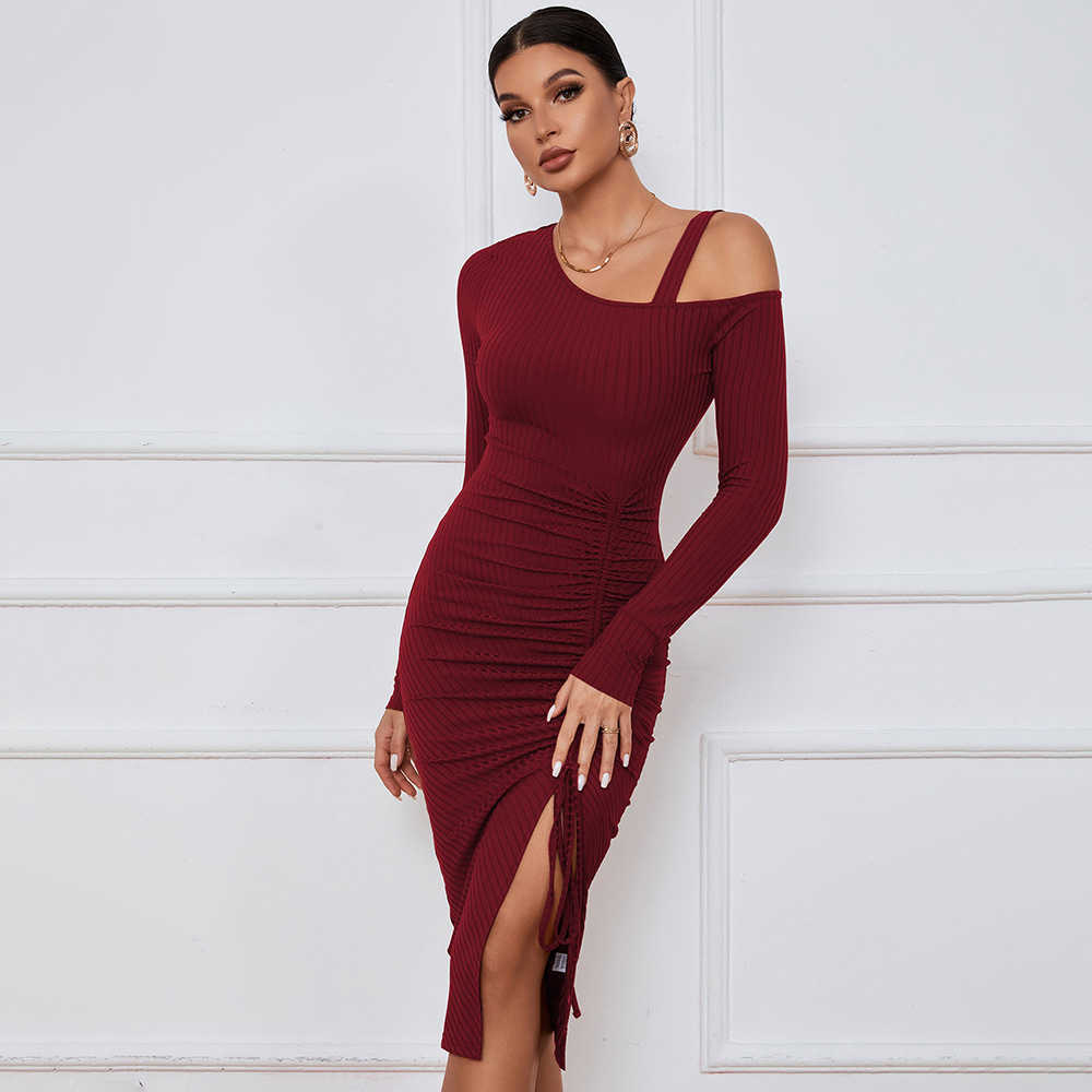 Womens Dress Split Off Shoulder Autumn Winter Wrap Hip Long Sleeve Fashion Dress