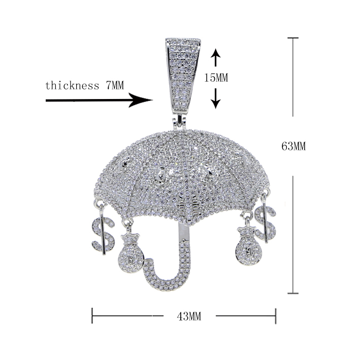 Specail Fashion Designer Silver Gold Color Umbrella Charm with Rope Chain Pendant Necklace Hip Hop Women Men Full Paved 5A Cubic Zirconia Party Gift J