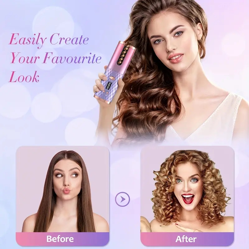 Automatic Curling Iron, Cordless Auto Hair Curler, Ceramic Rotating Hair Curler With 6 Temps & Timers, Portable Rechargeable Curling Wand,Fast Heating