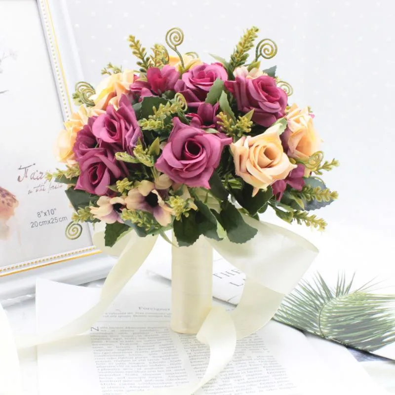 Wedding Flowers Bouquet With Silk Satin Ribbon Pink White Champagne Bridesmaid Bridal Party Holding FlowersArtificial Natural RoseZZ